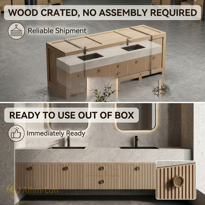 72''-96'' Double Bathroom Vanity with Sink Light Wood Slatted Panels Sleek Design