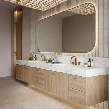 78''-96'' Double Bathroom Vanity with Sink White Marble Top Natural Wood Grain
