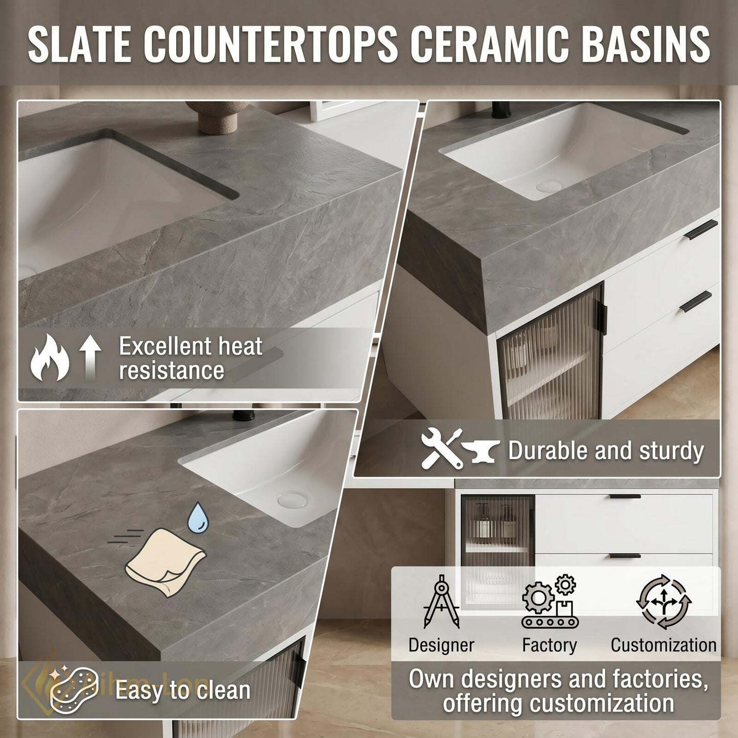 72''-96'' Double Bathroom Vanity with Sink Grey Modern Floating Marble Glass Door