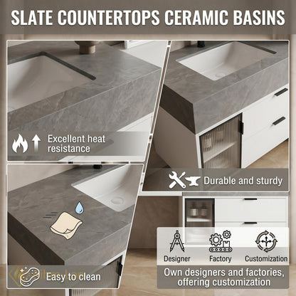 72''-96'' Double Bathroom Vanity with Sink Grey Modern Floating Marble Glass Door
