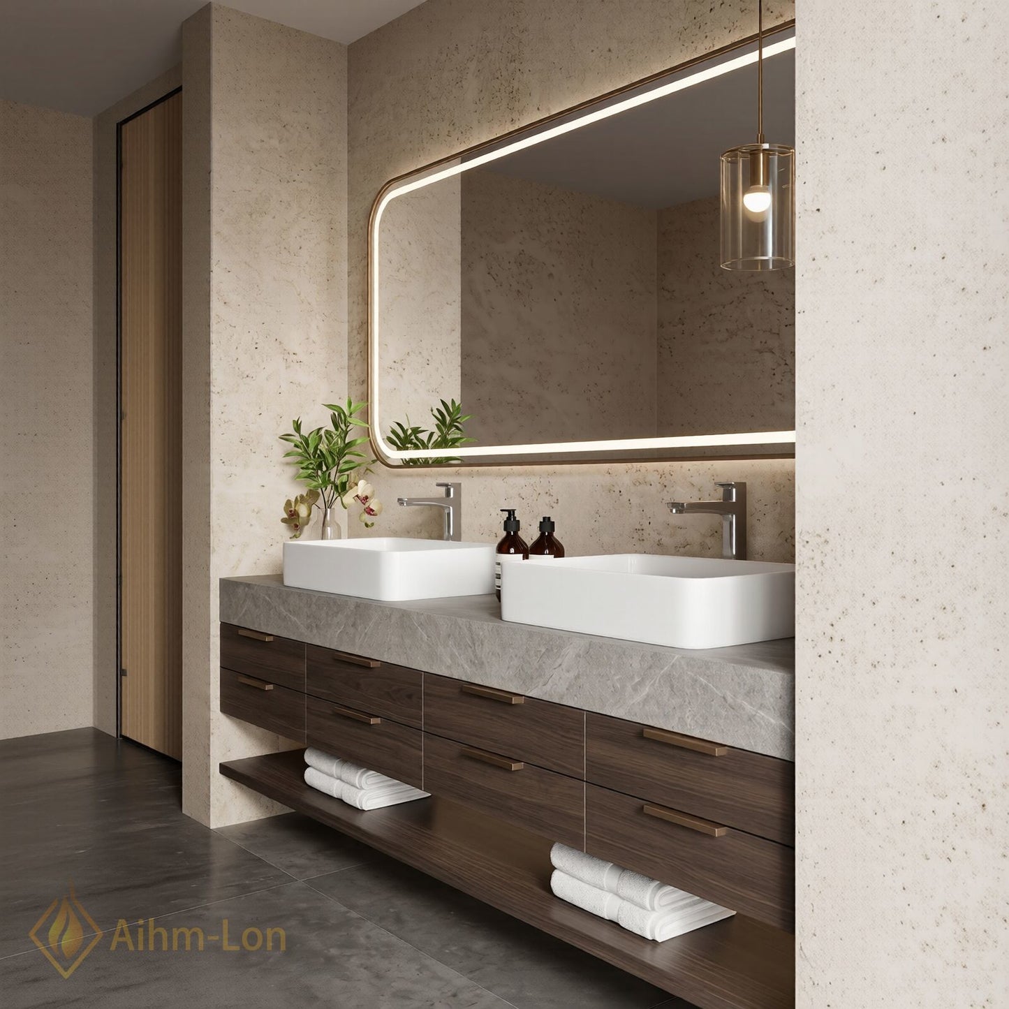 70''-96'' Double Bathroom Vanity with Sink Modern Stone Textured Top Dark Wood