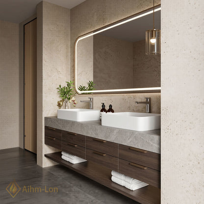 70''-96'' Double Bathroom Vanity with Sink Modern Stone Textured Top Dark Wood