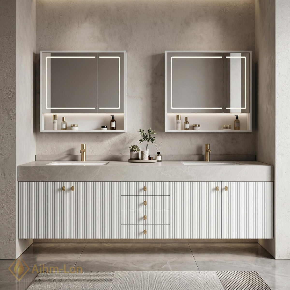 60''-96'' Double Bathroom Vanity with Sink Modern White Ribbed Gold Hardware Center Cabinet