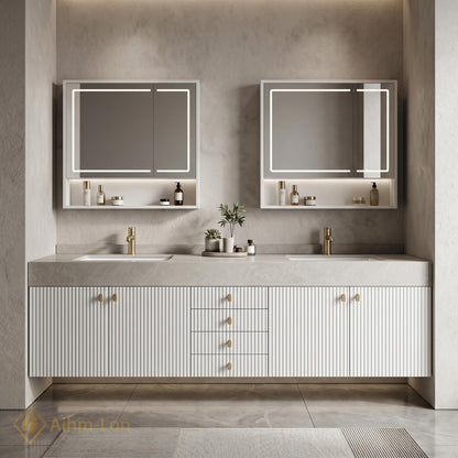 60''-96'' Double Bathroom Vanity with Sink Modern White Ribbed Gold Hardware Center Cabinet