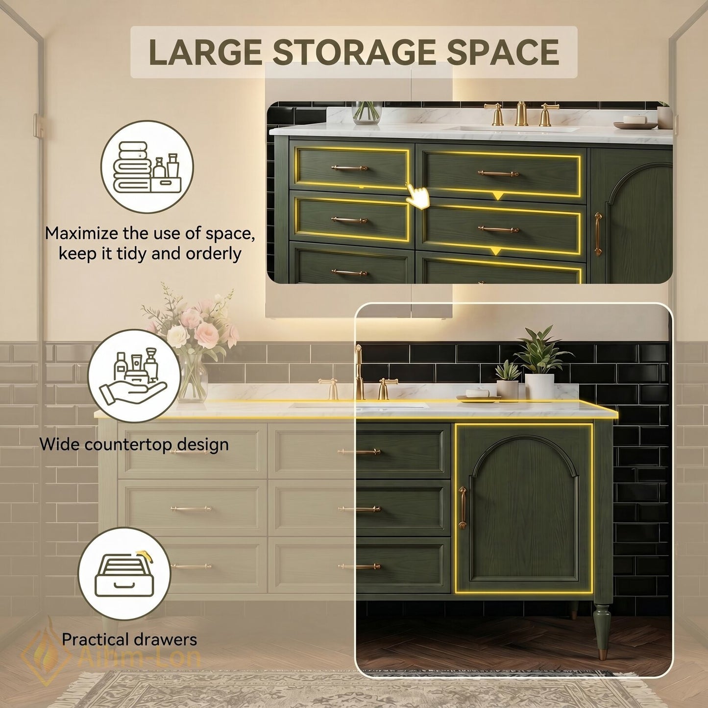 48''-64'' Modern Bathroom Vanity with Sink Distressed Olive Green Marble Sculpted Drawers