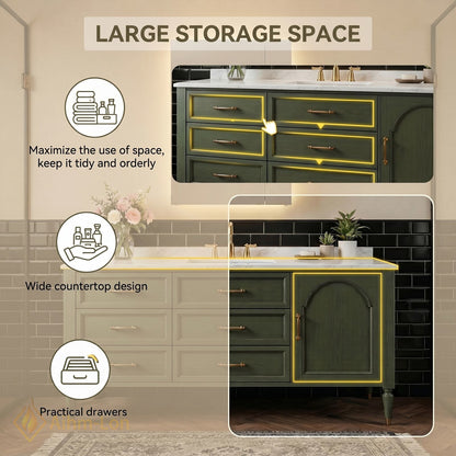 48''-64'' Modern Bathroom Vanity with Sink Distressed Olive Green Marble Sculpted Drawers
