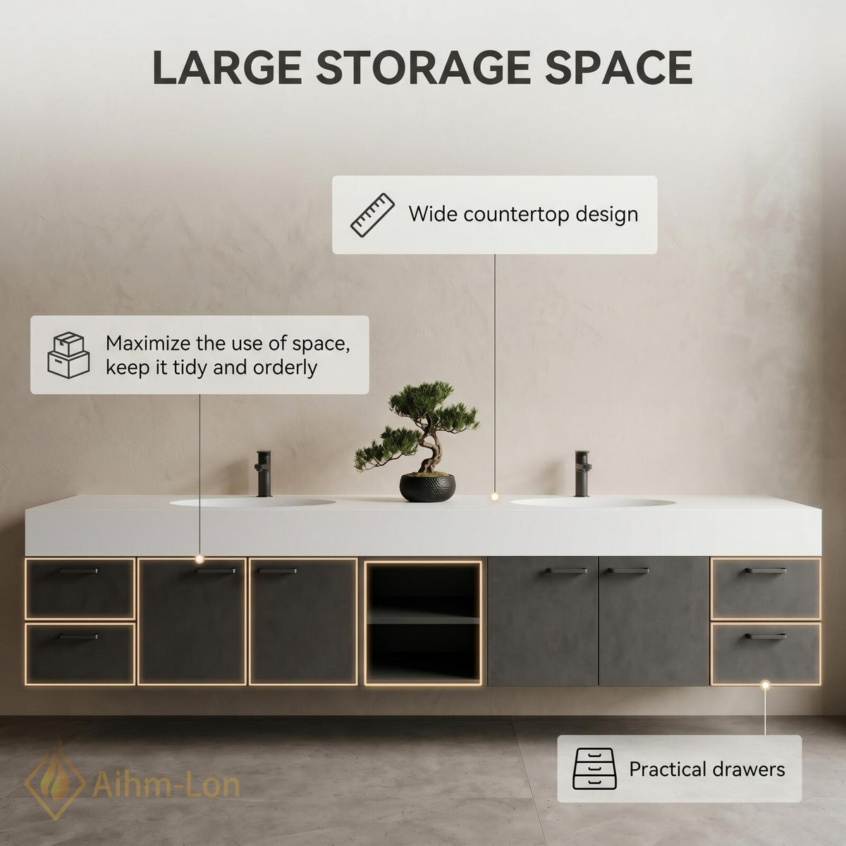 60''-96'' Double Bathroom Vanity with Sink Modern Floating Grey Stone Finish Open