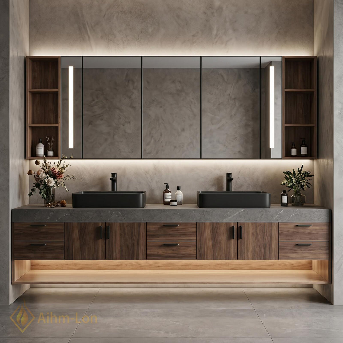 60''-96'' Double Bathroom Vanity with Sink Modern Floating Dark Wood Open Shelving