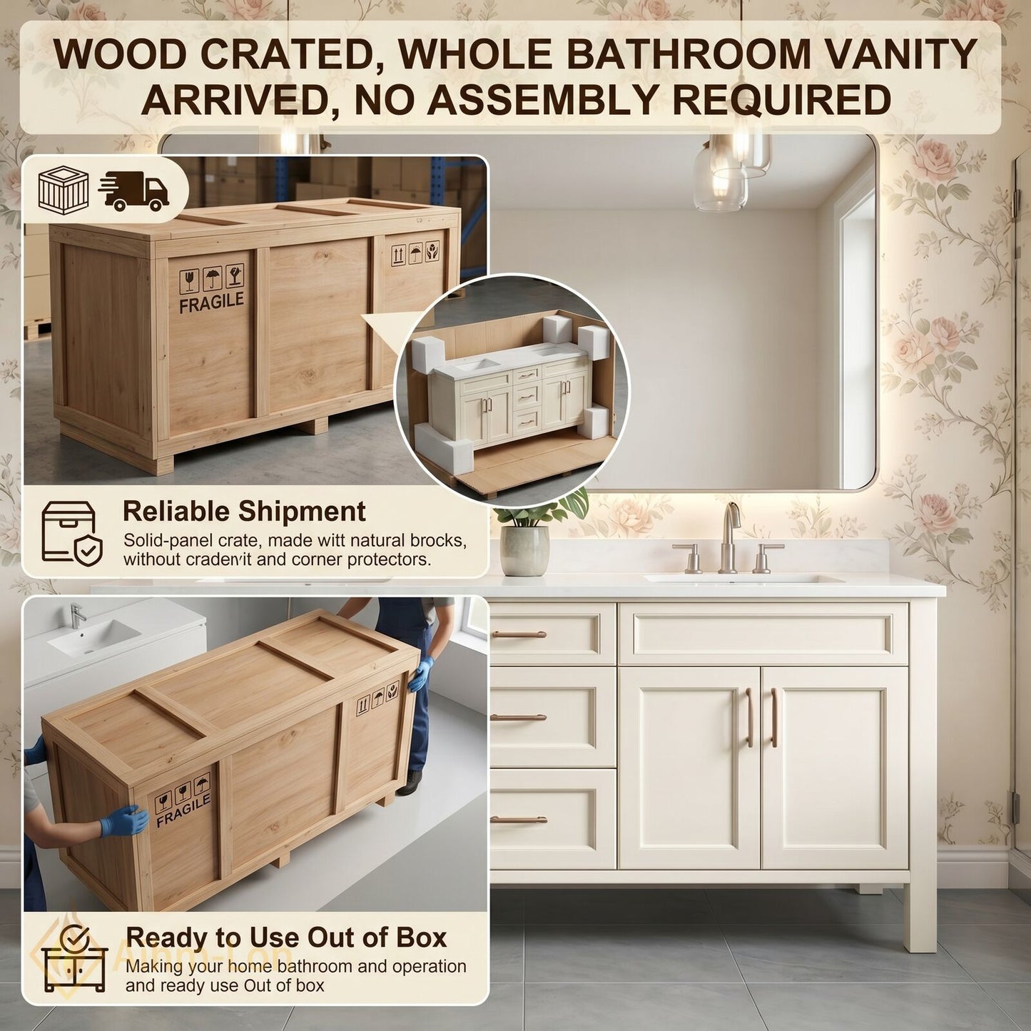60''-96'' Classic Bathroom Vanity with Sink Cream Painted Side Drawers Cabinet