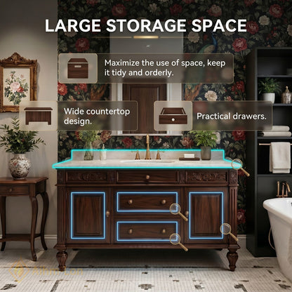 36''-64'' Classic Bathroom Vanity with Sink Dark Wood Carved Drawer Stone Top