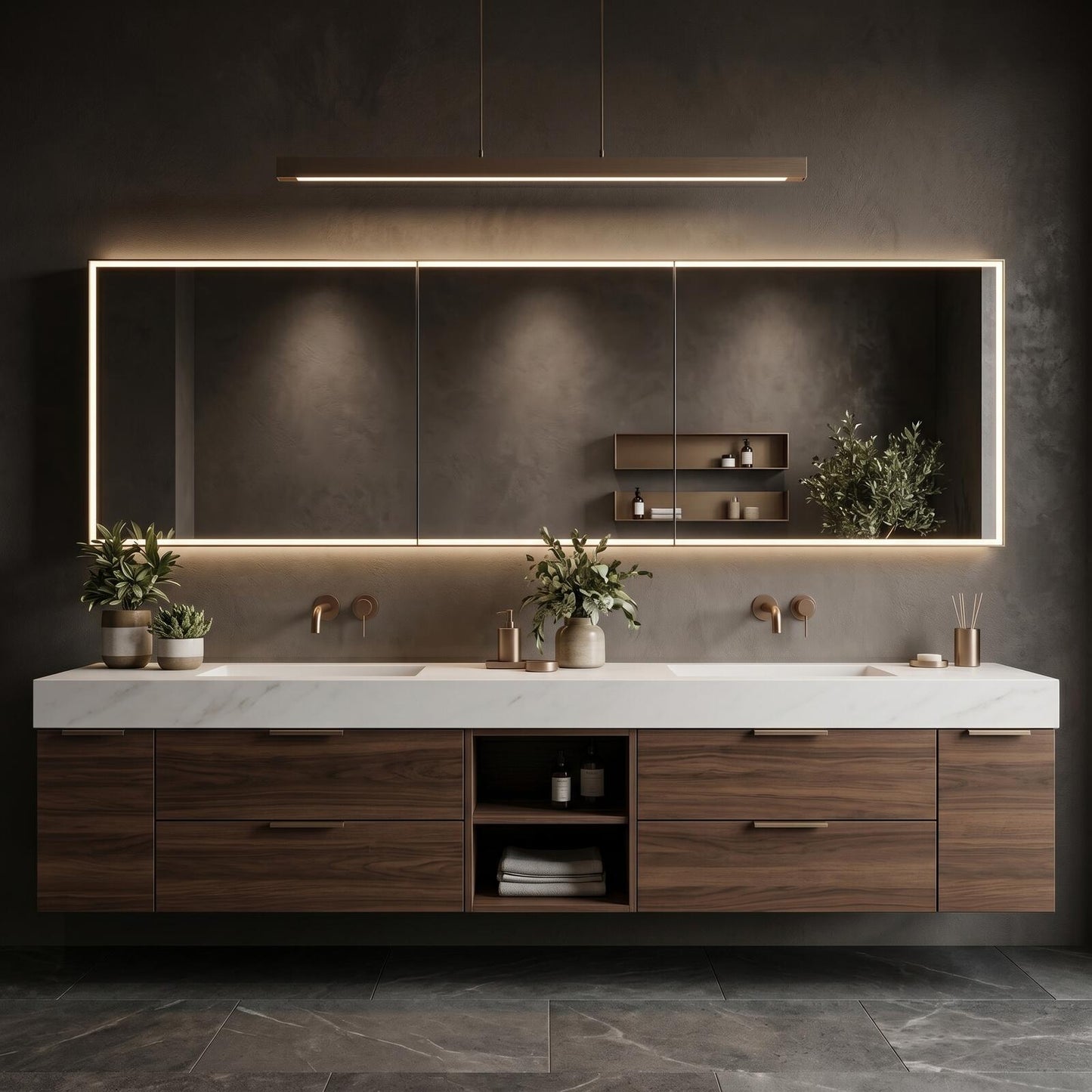 60''-96'' Modern Bathroom Vanity with Sink Double Sink Dark Walnut Slatted Center Panel Cabinet