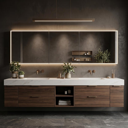 60''-96'' Modern Bathroom Vanity with Sink Double Sink Dark Walnut Slatted Center Panel Cabinet