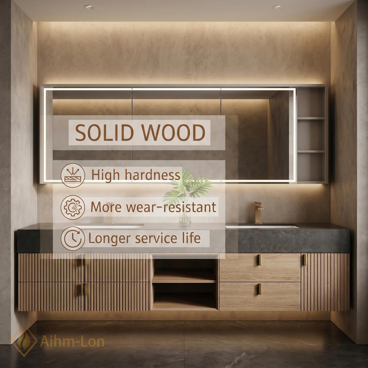 70''-96'' Modern Double Bathroom Vanity with Sink Floating Dark Stone Center Slatted