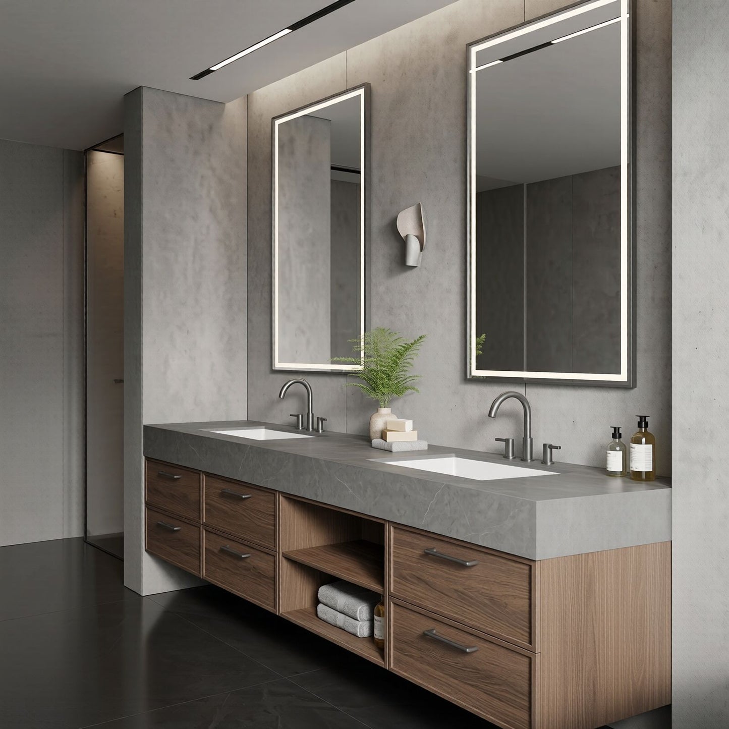 60''-96'' Modern Bathroom Vanity with Sink Double Sink Dark Wood Grain Center Open Shelf