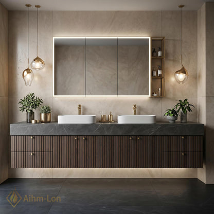 60''-96'' Double Bathroom Vanity with Sink Dark Walnut Slatted Open Shelving Cabinet