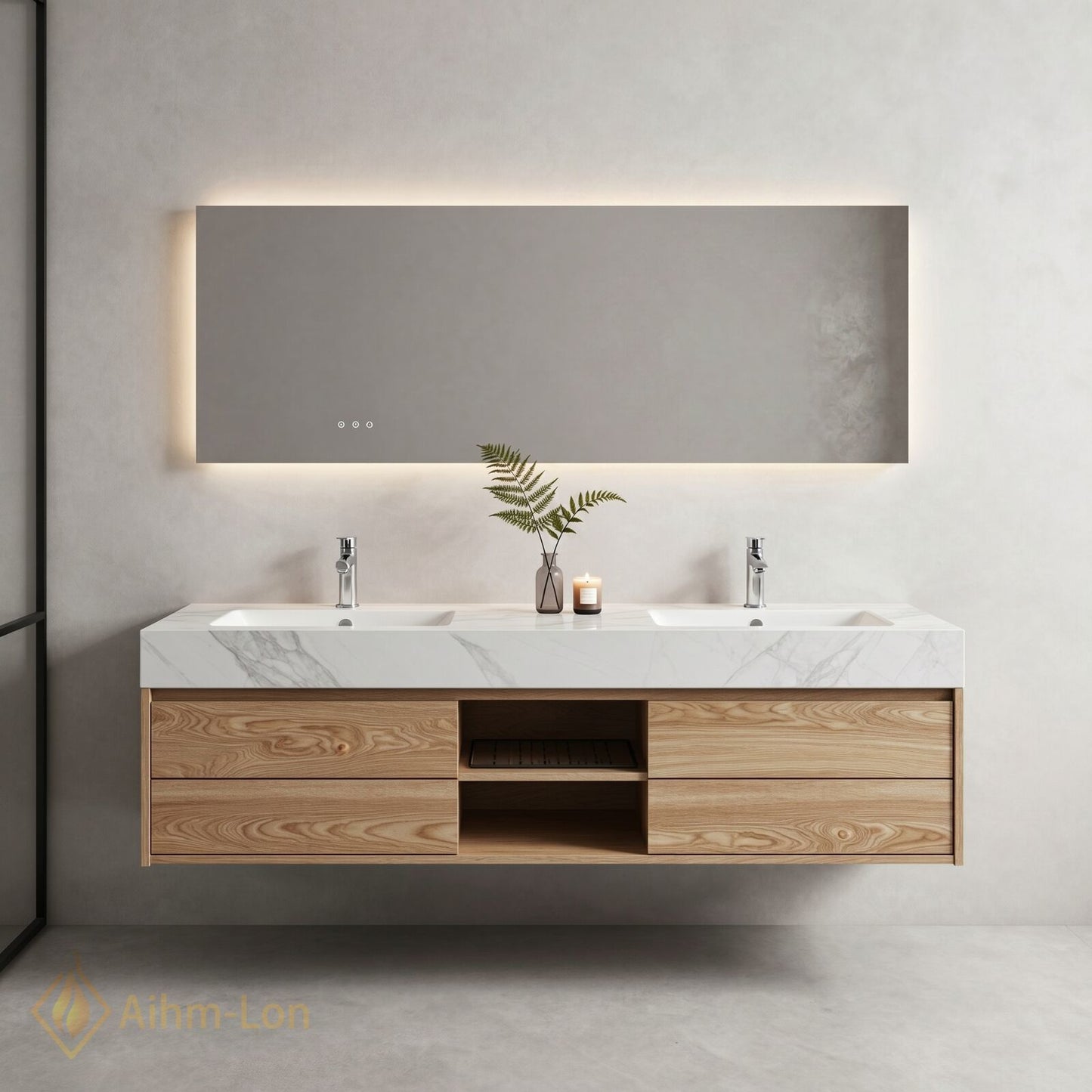 60''-96'' Double Bathroom Vanity with Sink White Marble Top Two Large Drawers Cabinet