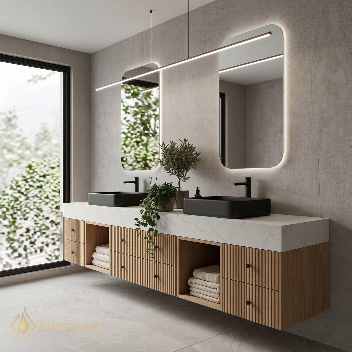 78''-96'' Double Bathroom Vanity with Sink White Marble Top Fluted Panel Storage