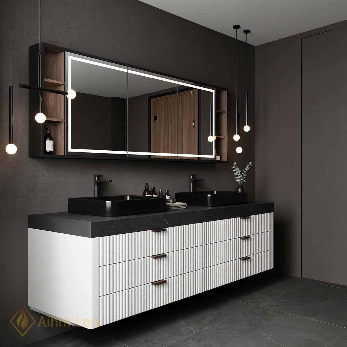 60''-96'' Double Bathroom Vanity with Sink Textured Vertical Drawers Dark Stone Top