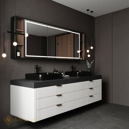 60''-96'' Double Bathroom Vanity with Sink Textured Vertical Drawers Dark Stone Top