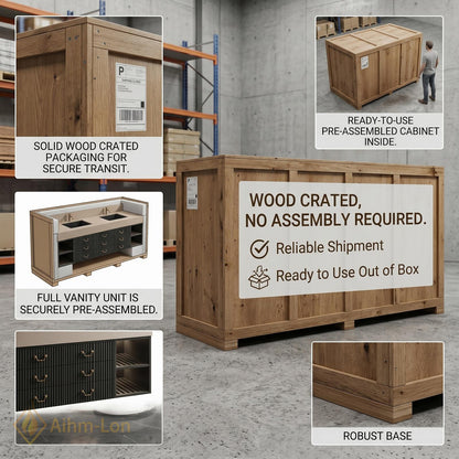 60''-96'' Double Bathroom Vanity with Sink Modern Fluted Drawer Fronts Warm Taupe Countertop