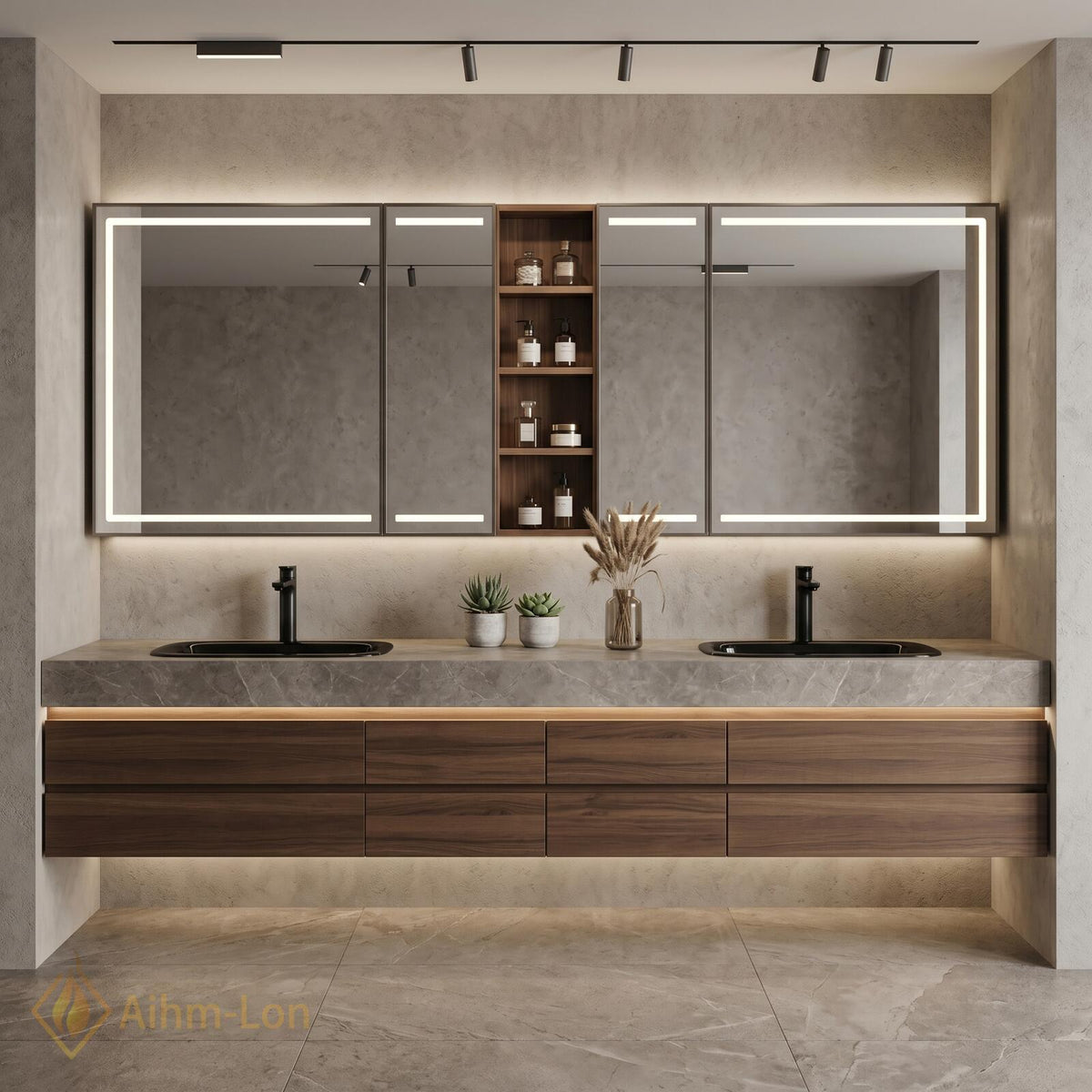 60''-96'' Double Bathroom Vanity with Sink Sleek Floating Grey Stone Top Dark