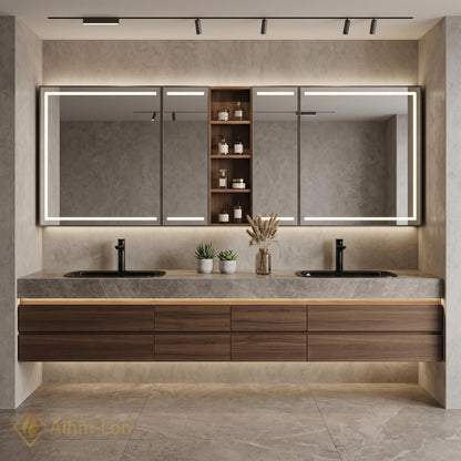 60''-96'' Double Bathroom Vanity with Sink Sleek Floating Grey Stone Top Dark
