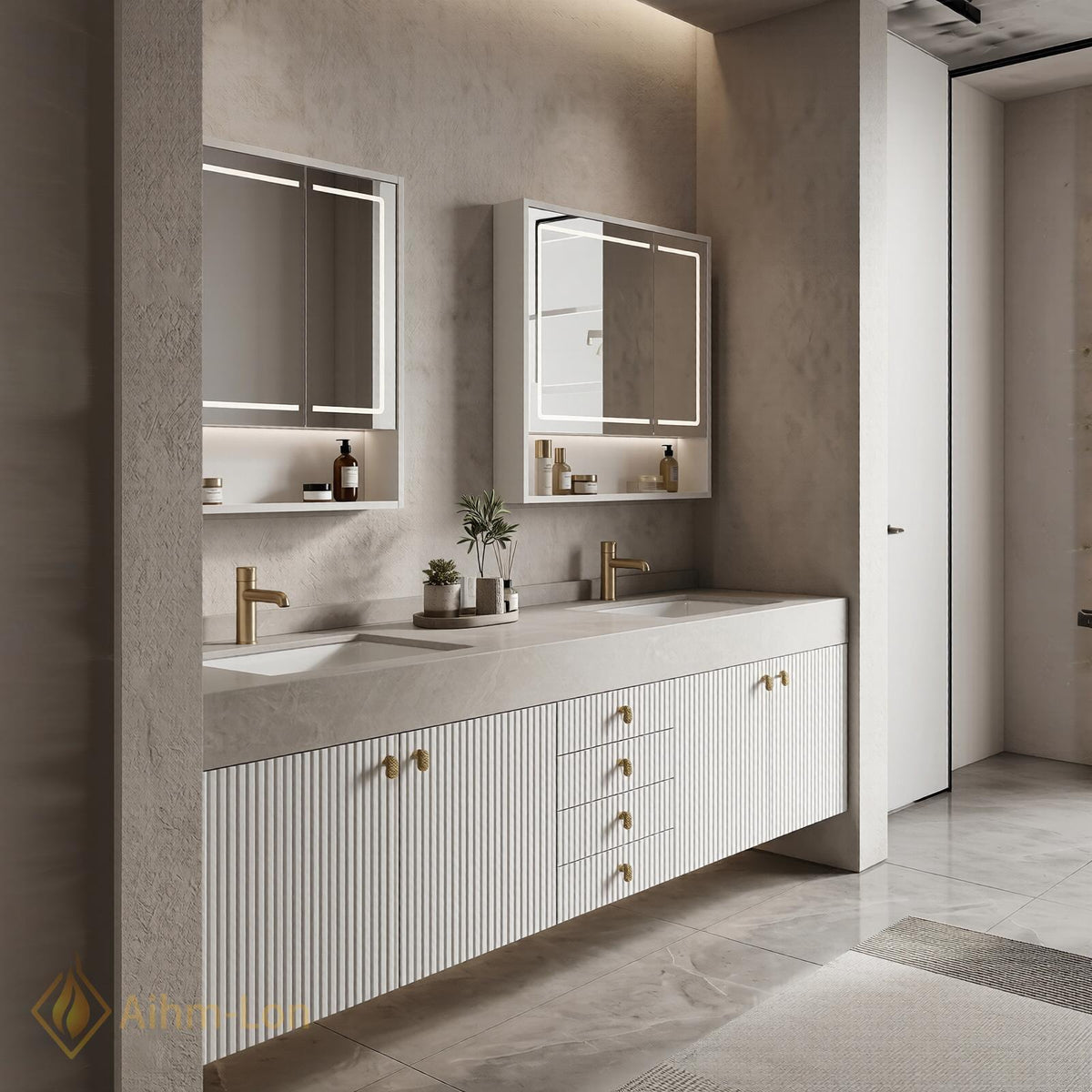 60''-96'' Double Bathroom Vanity with Sink Modern White Ribbed Gold Hardware Center Cabinet