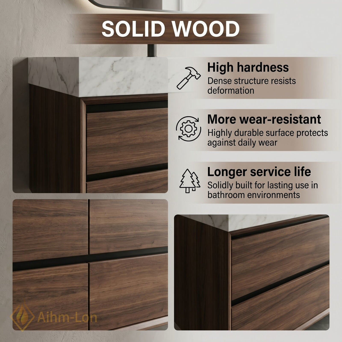 60''-96'' Double Bathroom Vanity with Sink Dark Walnut Slatted Panel Drawers