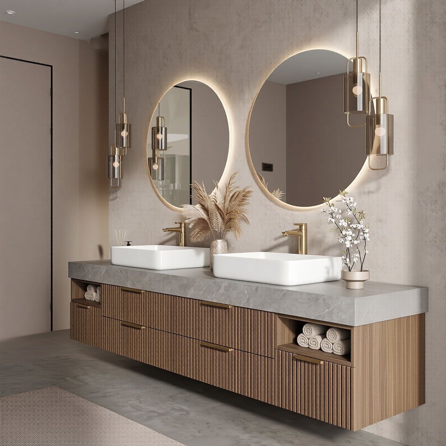 60''-96'' Modern Bathroom Vanity with Sink Double Sink Wide Stone Slatted Wood Drawers