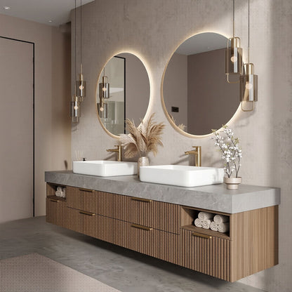 60''-96'' Modern Bathroom Vanity with Sink Double Sink Wide Stone Slatted Wood Drawers