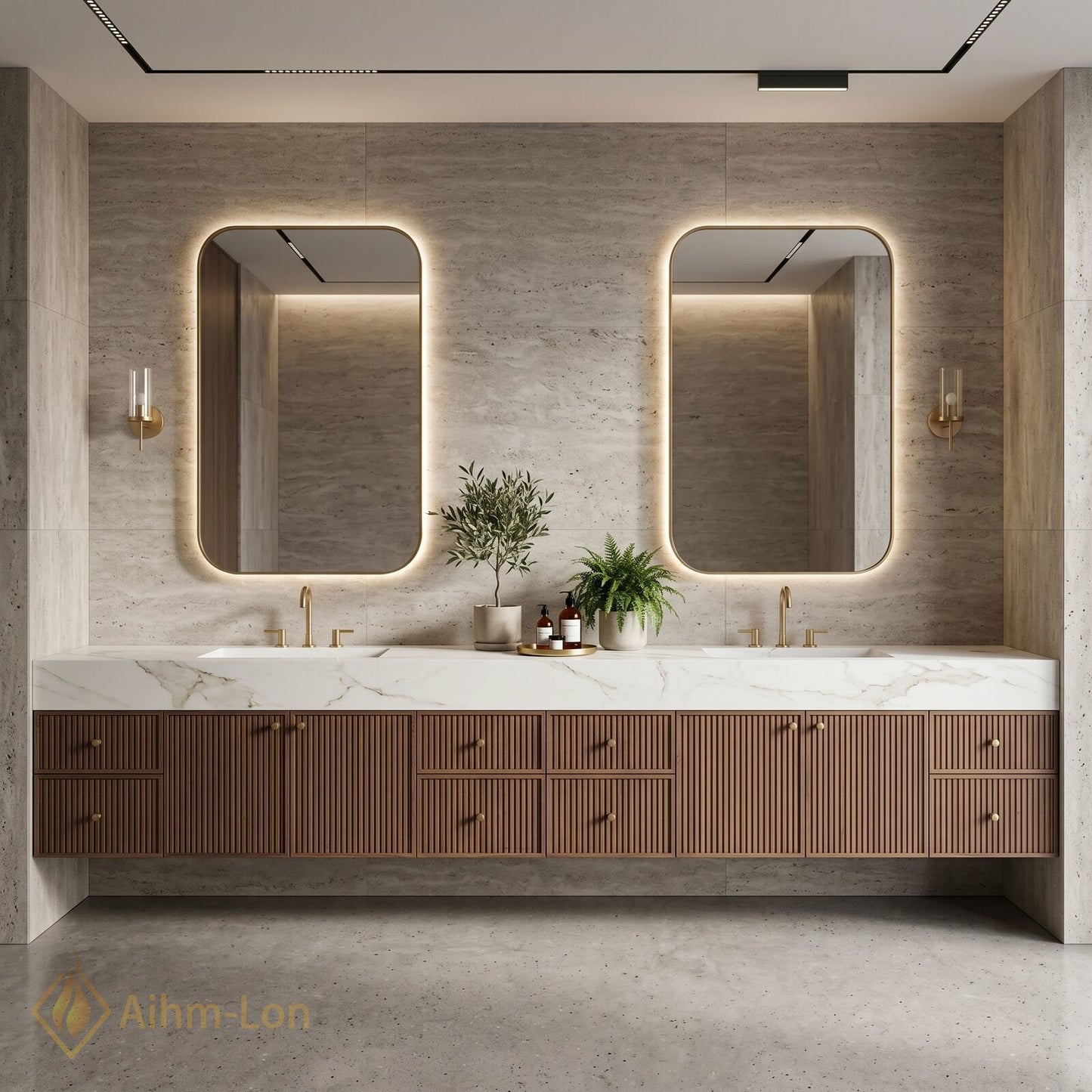 76''-96'' Double Bathroom Vanity with Sink Modern Ridge Panel Wood Texture Illuminated