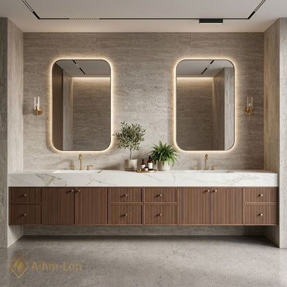76''-96'' Double Bathroom Vanity with Sink Modern Ridge Panel Wood Texture Illuminated