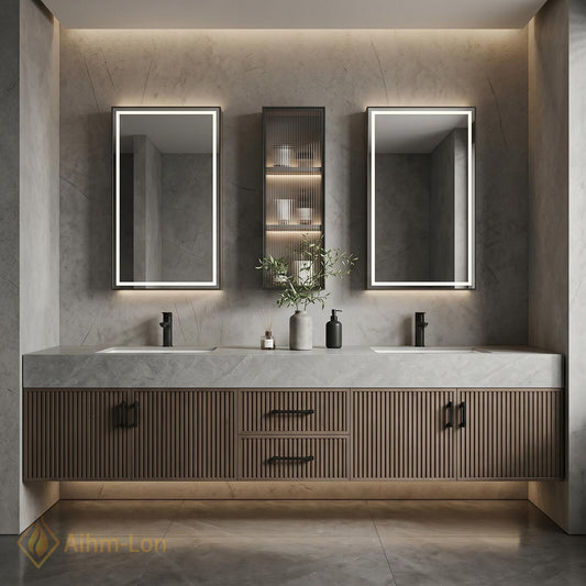 60''-96'' Bathroom Vanity with Sink Floating Vanity Stone Top Slatted Wood Central