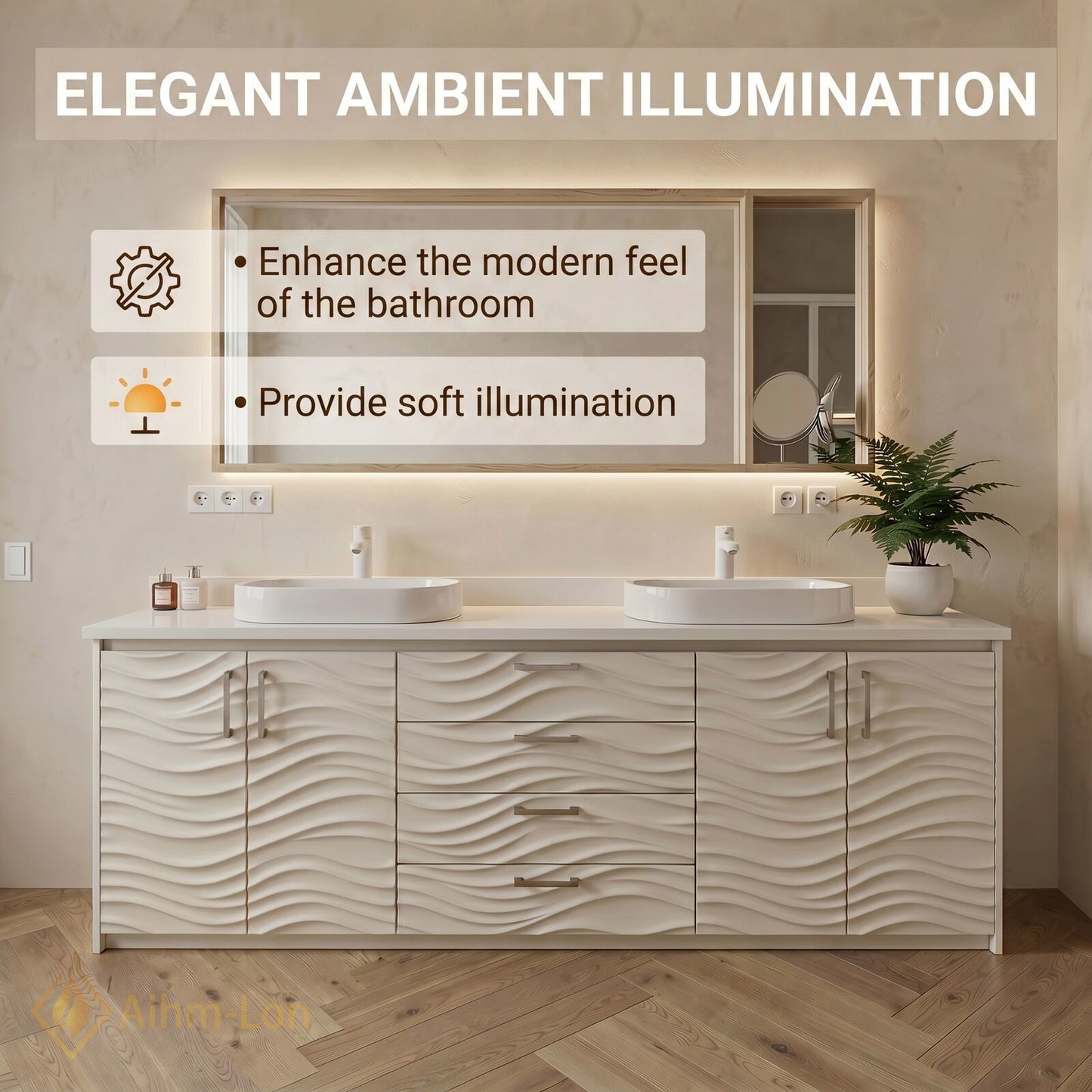 60''-96'' Wavy Bathroom Vanity with Sink Relief Panels White Finish Mirror Cabinet