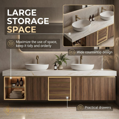 60''-96'' Double Bathroom Vanity with Sink Vessel Basins Walnut Finish Storage