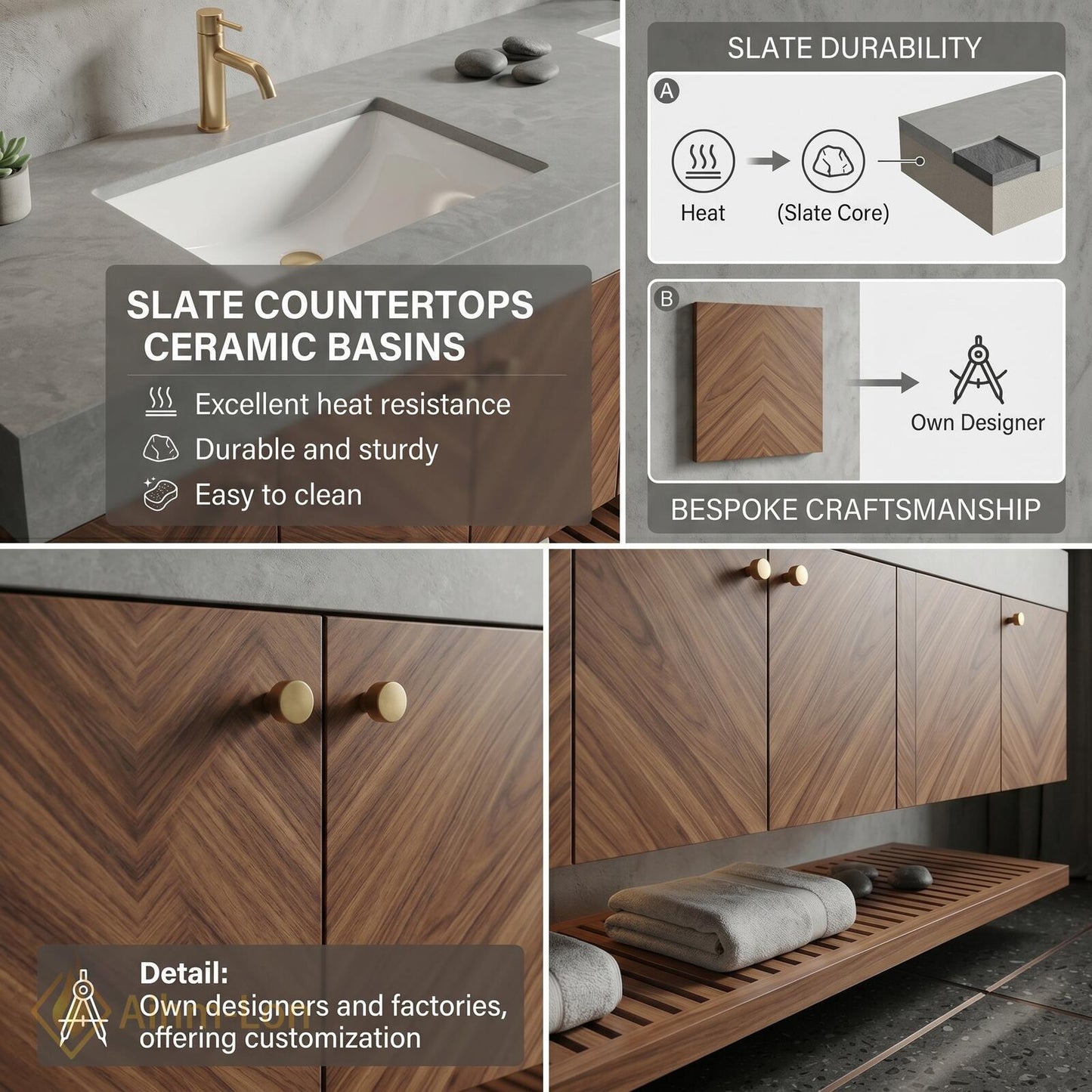 76''-96'' Modern Bathroom Vanity with Sink Floating Chevron Wood Stone Slatted Shelving