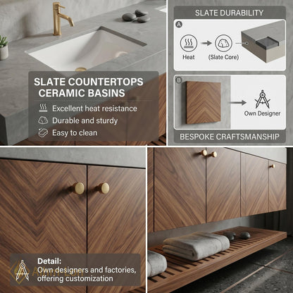 76''-96'' Modern Bathroom Vanity with Sink Floating Chevron Wood Stone Slatted Shelving