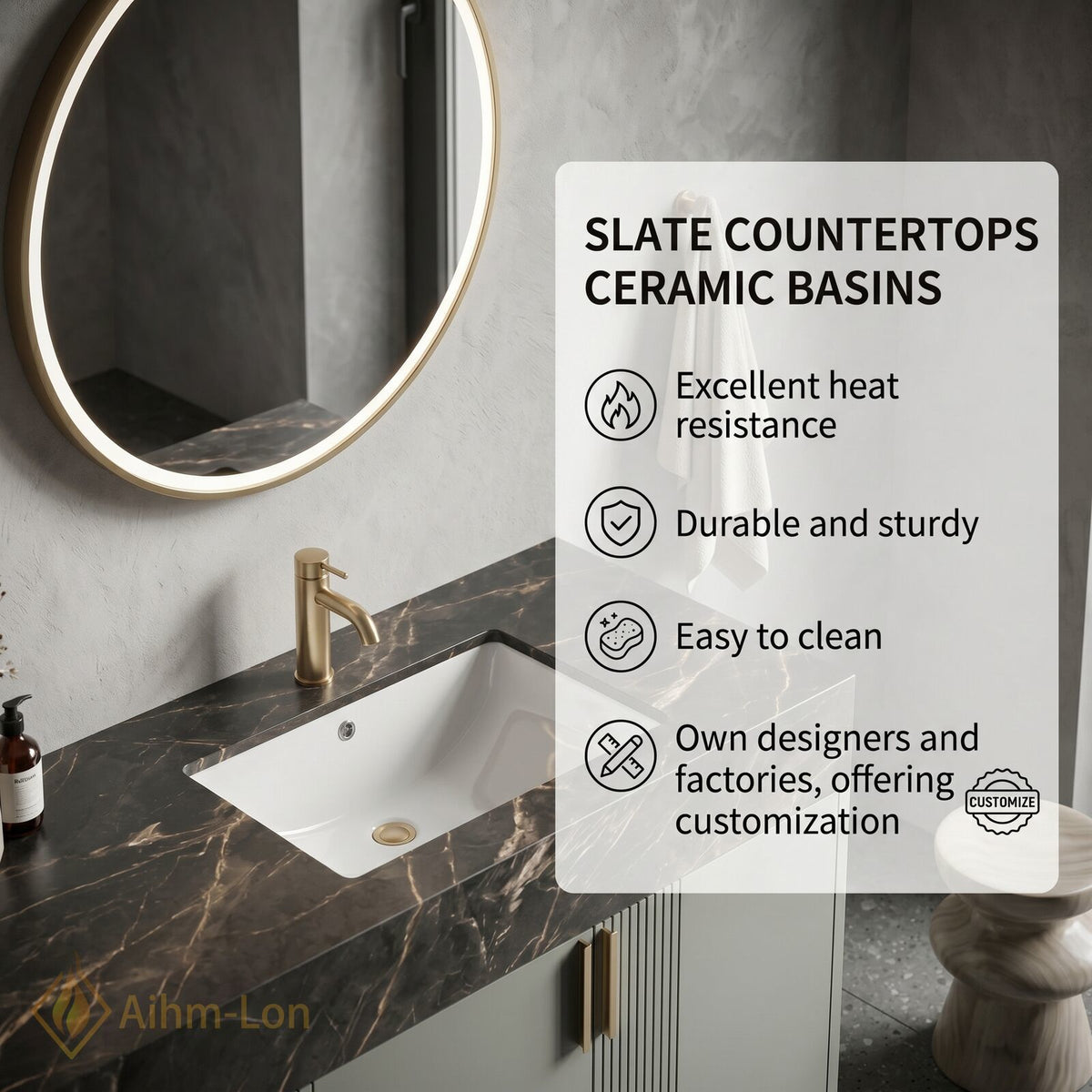 76''-96'' Double Bathroom Vanity with Sink Dark Marble Gray Slatted Front Drawers