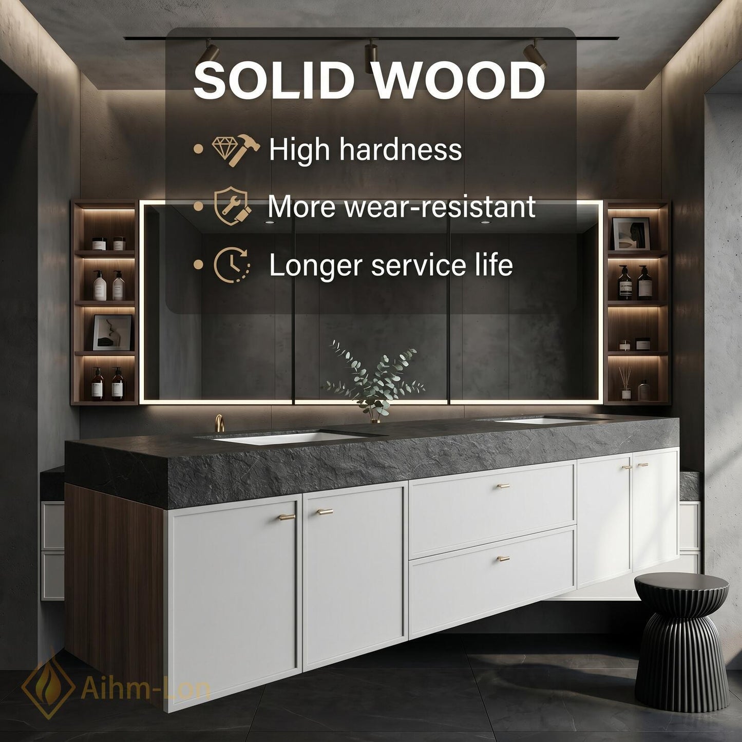 60''-96'' Double Bathroom Vanity with Sink Dark White Modern Floating Stone-Top