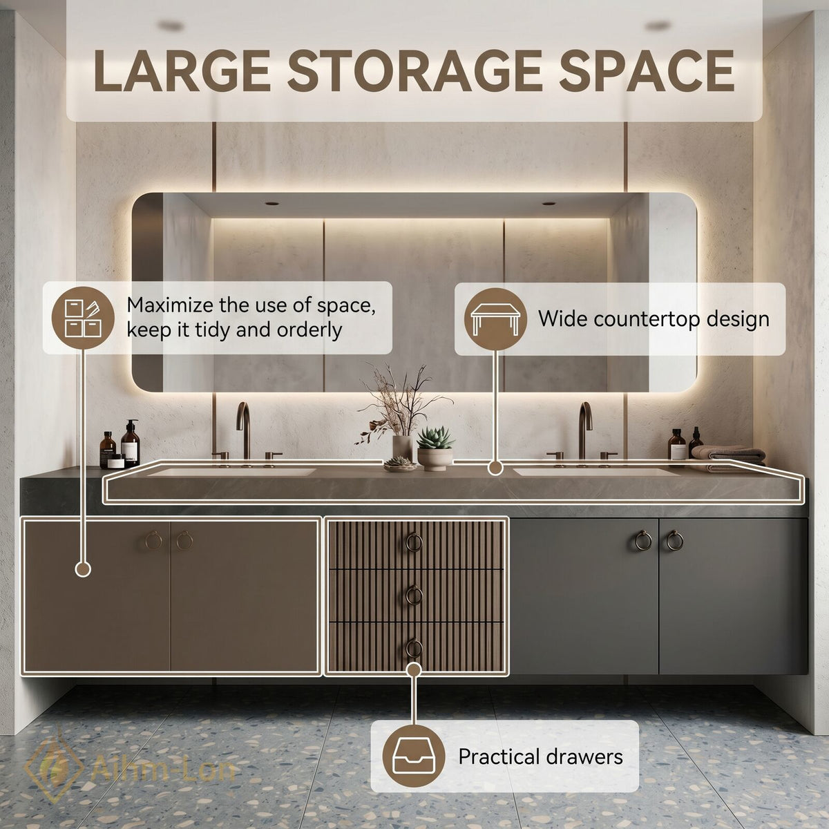 60''-96'' Double Bathroom Vanity with Sink Slatted Wood Panel Dark Gray Finish