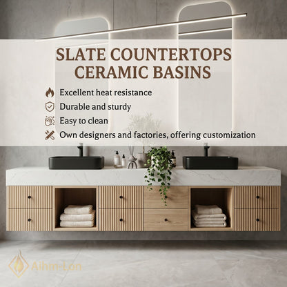 78''-96'' Double Bathroom Vanity with Sink White Marble Top Fluted Panel Storage