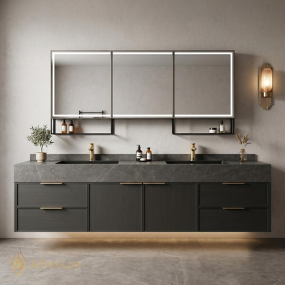 60''-96'' Double Bathroom Vanity with Sink Floating Dark Stone Countertop Wood Grain