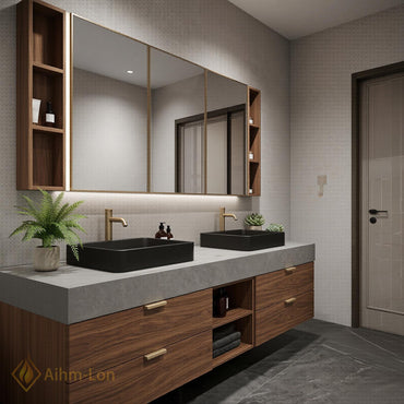 60''-96'' Double Bathroom Vanity with Sink Floating Grey Stone Top Walnut Drawers