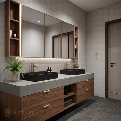 60''-96'' Double Bathroom Vanity with Sink Floating Grey Stone Top Walnut Drawers