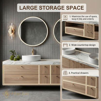 60''-96'' Double Bathroom Vanity with Sink Floating Wood-Grain Basin Frame Marble Pattern