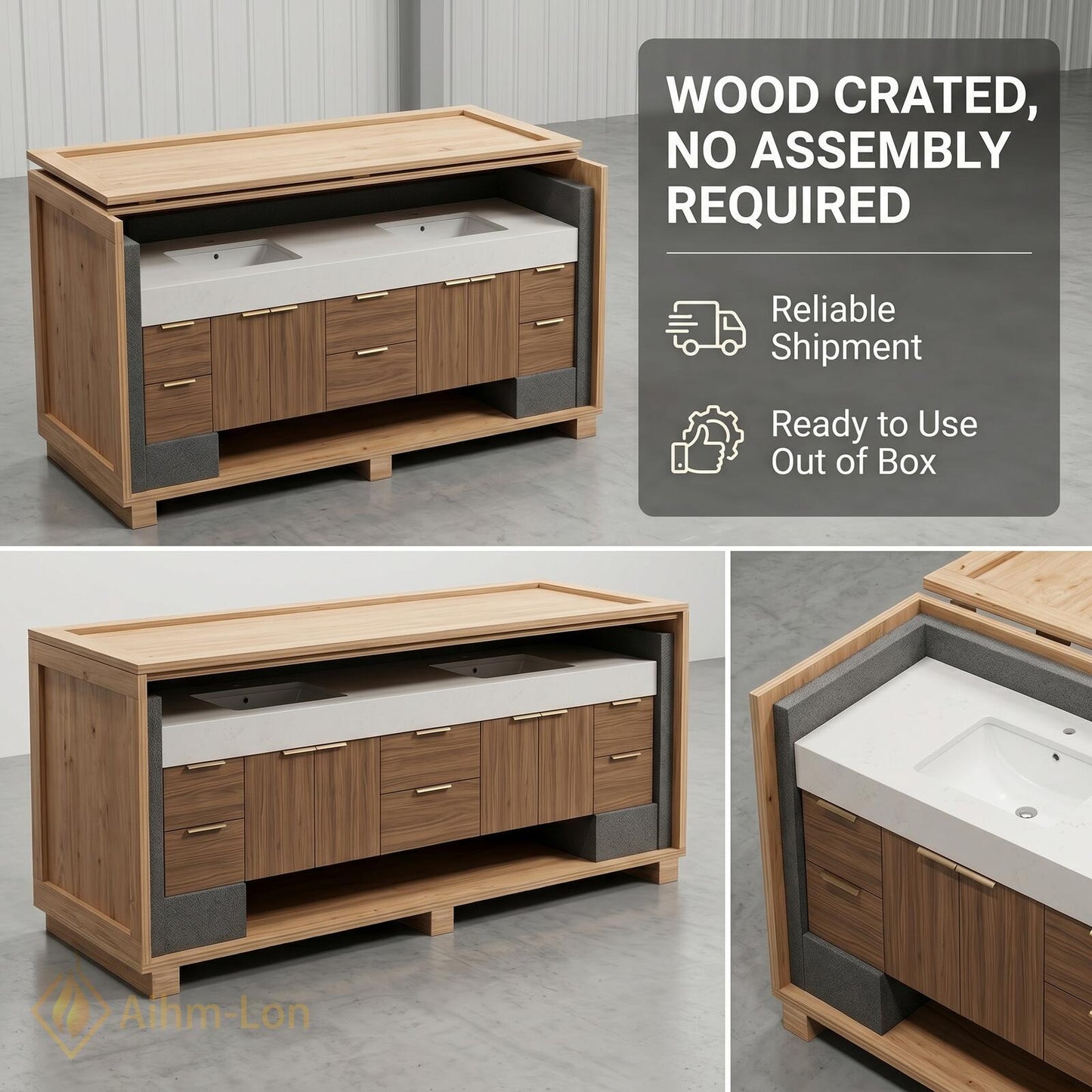 60''-96'' Double Bathroom Vanity with Sink Wood Modern Floating Basins Dual Clean