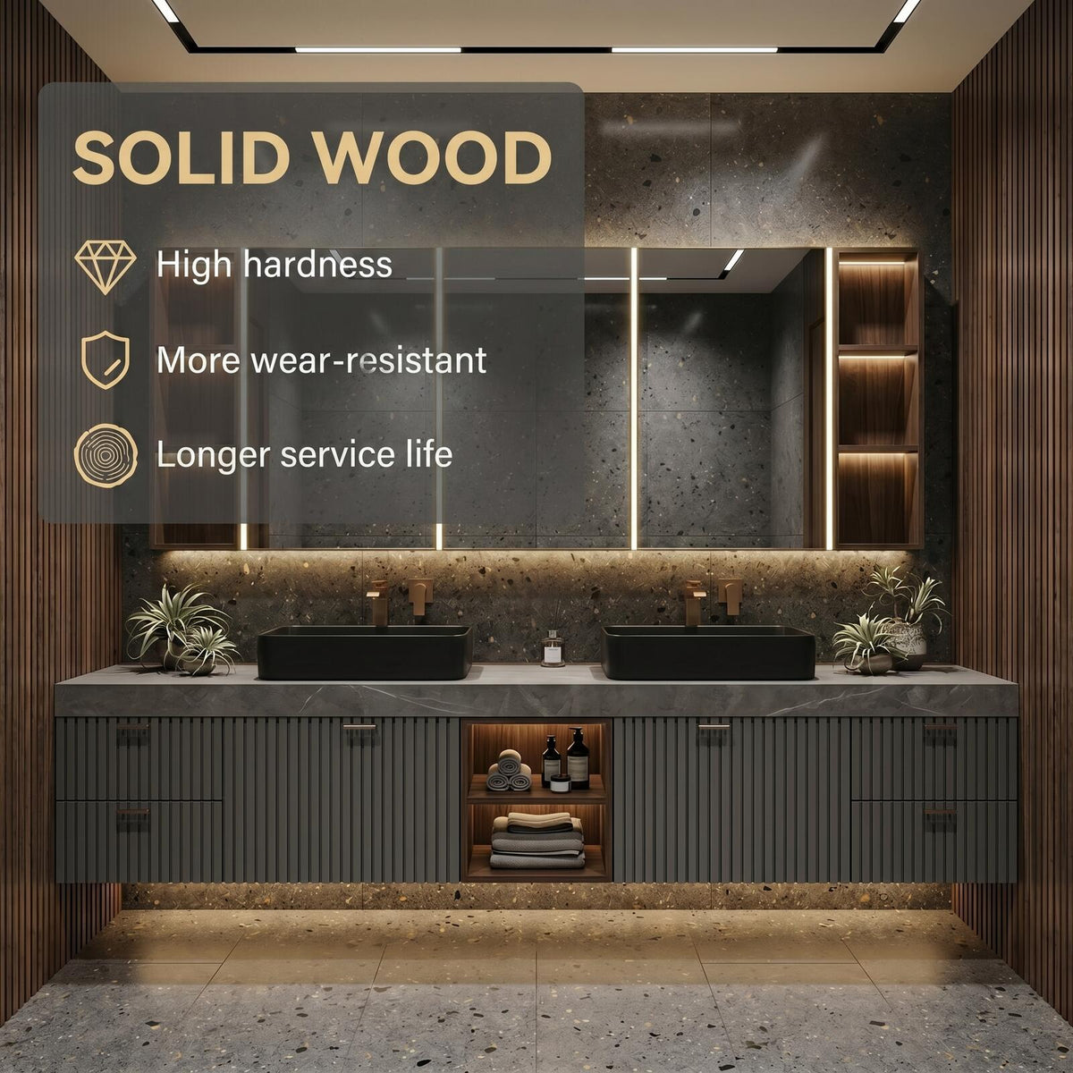 60''-96'' Double Bathroom Vanity with Sink Modern Floating Dark Slatted Speckled Stone Top