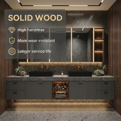 60''-96'' Double Bathroom Vanity with Sink Modern Floating Dark Slatted Speckled Stone Top