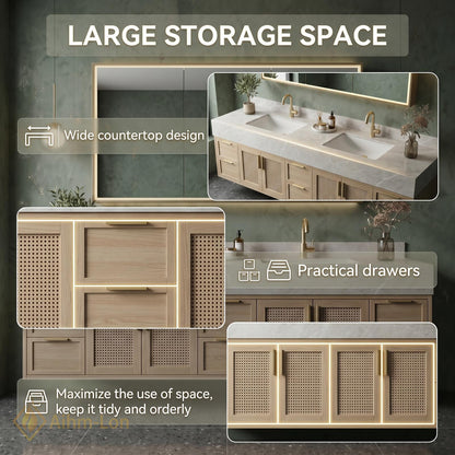 60''-96'' Double Bathroom Vanity with Sink Light Oak Finish Woven Rattan Panels