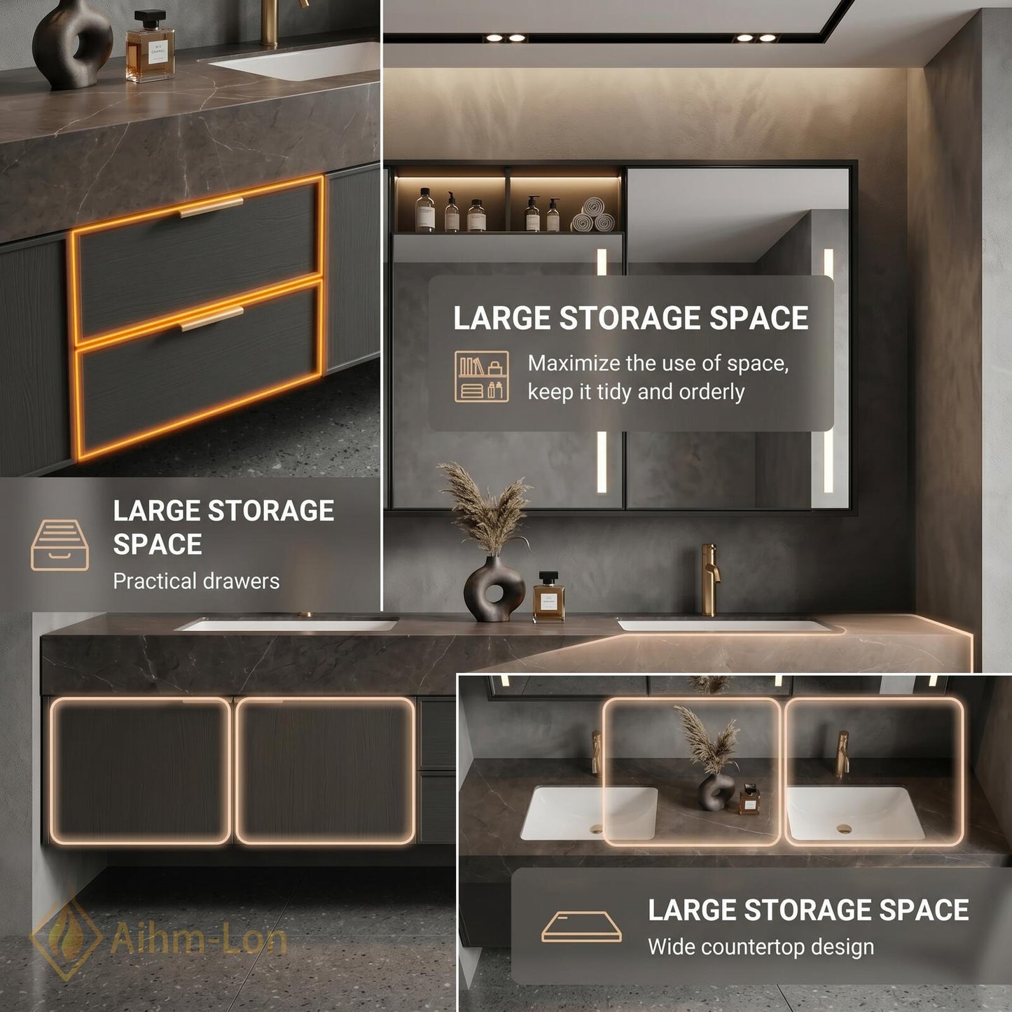 60''-96'' Double Bathroom Vanity with Sink Sleek Dark Slate Textured Stone Top